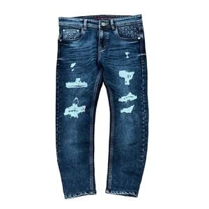 Philipp Plein Short Jeans Embossed Skulls Women's Size 32 Distressed Blue Denim